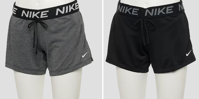 Gray Womens Nike Dri Fit Attack Training Shorts on the Left and Black on the Right