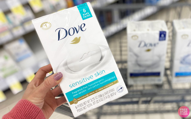 Hand Holding Dove Sensitive Skin Beauty Bar 6 Pack at Walgreens