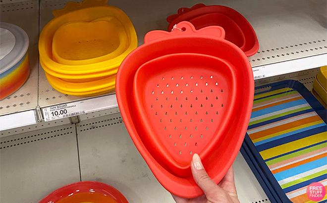 Hand Holding Sun Squad Plastic Strawberry Collapsible Food Colander at Target