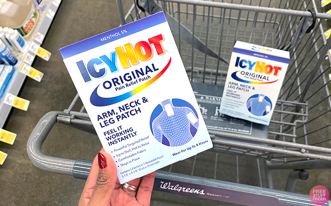 Hand holding one Icy Hot Patches and another in cart