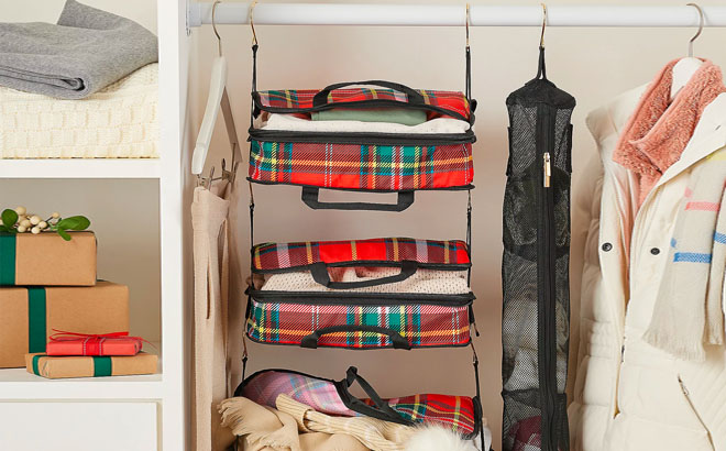 Hanging Packing Cubes and Organizer Set in a Closet