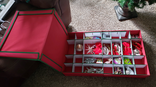 Honey Can Do Ornament Storage Box filled with decors