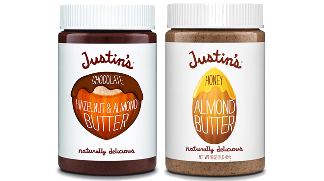 Justins Chocolate Hazelnut Almond Butter 16 oz Jar on the left and Justins Honey Almond Butter 16 oz Jar on the right