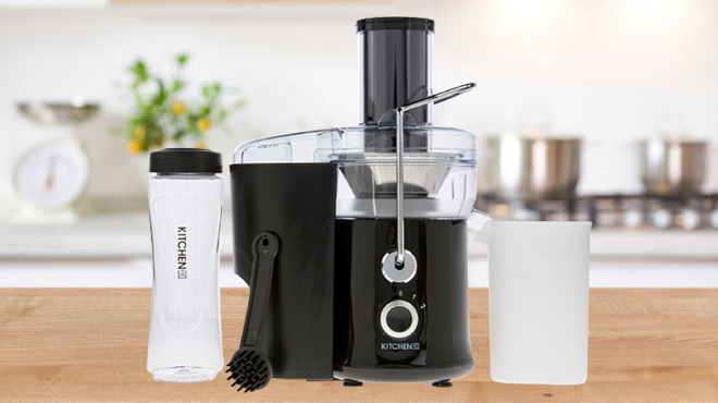 Kitchen HQ 2 Speed Power Juicer with Bottle in Black Color on Kitchen Table