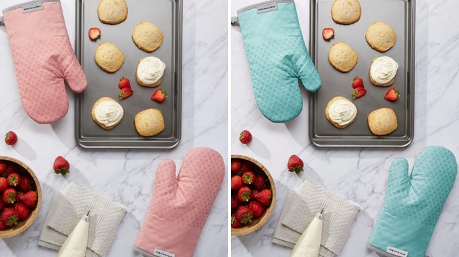 KitchenAid 2 Piece Oven Mitt Set in Rose Color on the Left and Same Item in Aqua Color on the Right