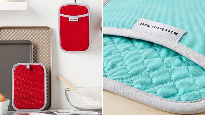 KitchenAid 2 Piece Pot Holder Set in Red Color on the Left and Closer Look of Same Item in Aqua Sky Color on the Right