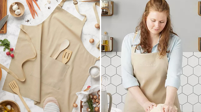 KitchenAid Solid Apron in Milkshake Tan Color on the Left and a Woman Wearing the Same Item While Baking on the Right