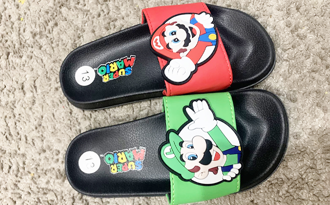 Mario Luigi Little Big Boys Slide Sandals on a Carpet