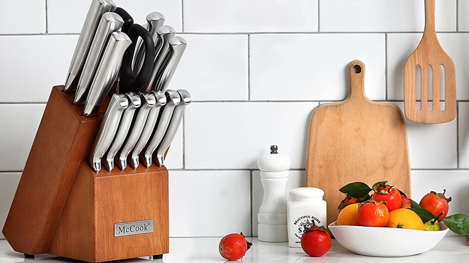 McCook 15 Piece Stainless Steel Knife Set on top of the counter