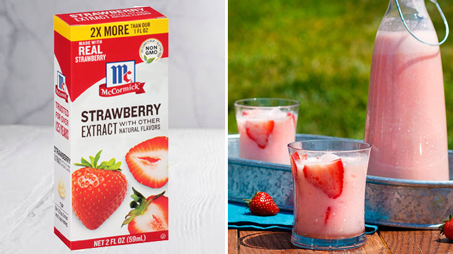 McCormick 2 Ounce Strawberry Extract on a Table on the Left and Two Strawberry Drinks on the Right