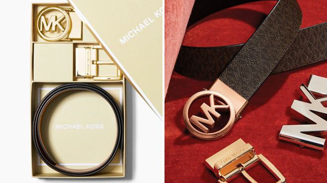 Michael Kors 4 in 1 Logo Box Belt Set on the Left and Closer Look of Same Item on the Right