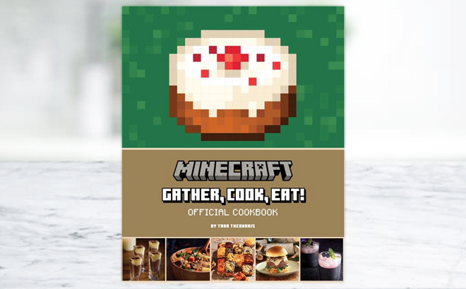Minecraft Gather Cook Eat Official Cookbook on a Marble Desk in Kitchen