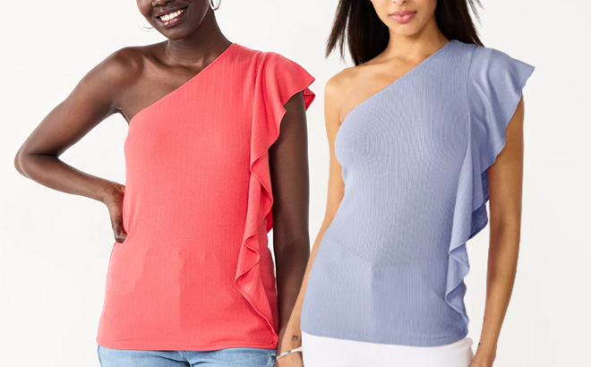 Models Wearing Nine West Womens One Shoulder Flutter Sleeve Top