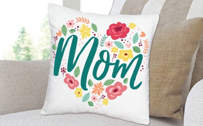 Mothers Day Decorative Love Mom Throw Pillow Cover on a Couch