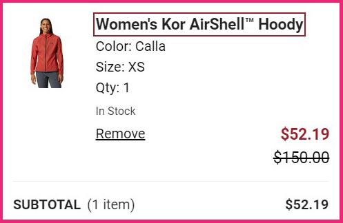 Mountian Hardwear Womens Kor AirShell Hoody Order Summary