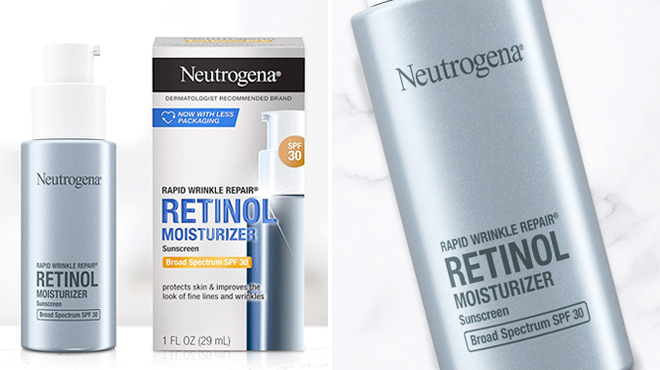 Neutrogena Rapid Wrinkle Repair Retinol 1 Ounce Face Moisturizer on the Left and Closer Look of Same Item on the Right
