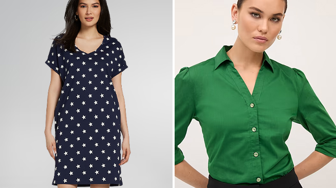 New York and Company Star Print V Neck Tee Dress on the Left and New York and Company Puff Sleeve Madison Shirt