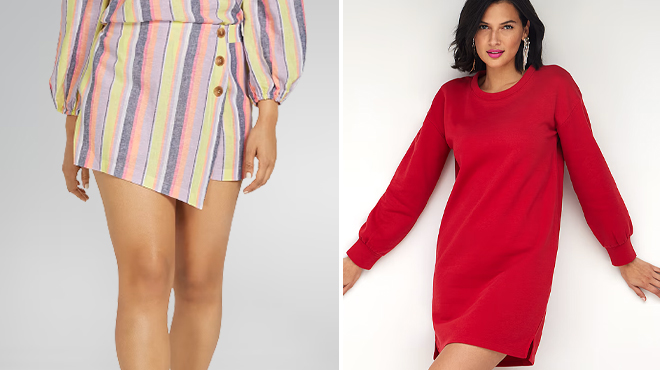 New York and Company Stripped High Waisted Skort on the Left and New York and Company Fleece Shift Dress on the Right