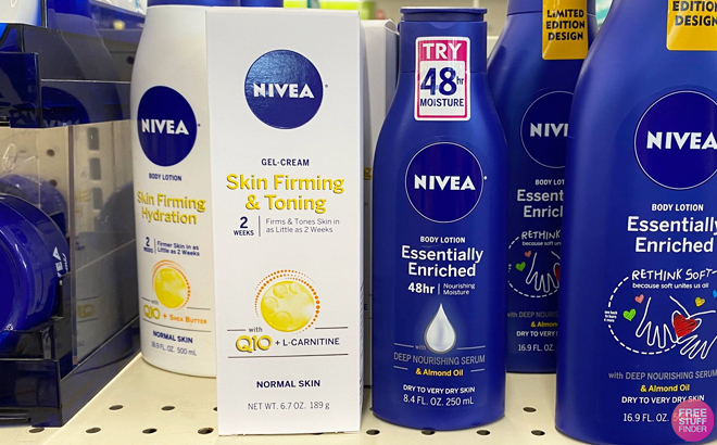 Nivea 6 7 Ounce Skin Firming and Toning Body Gel Cream on the Left and Nivea 8 4 Ounce Body Lotion on the Right