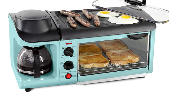 Nostalgia Retro 3 in 1 Electric Breakfast Station in Aqua Color on white background