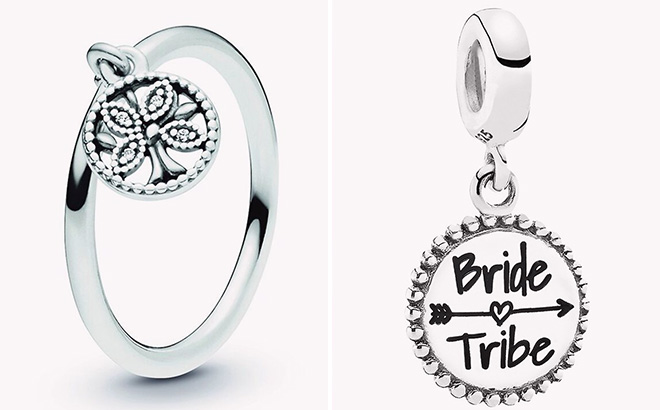 Pandora Moments Silver CZ Family Tree Ring and Silver Enamel Bride Tribe Dangle Charm