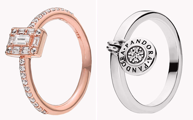 Pandora Rose 14K Rose Gold Plated Sparkling Square CZ Halo Ring and Silver CZ Logo Padlock Ring