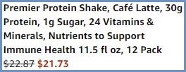 Premier Protein Shake 12 Pack in Cafe Latter Flavor Checkout Summary at Amazon