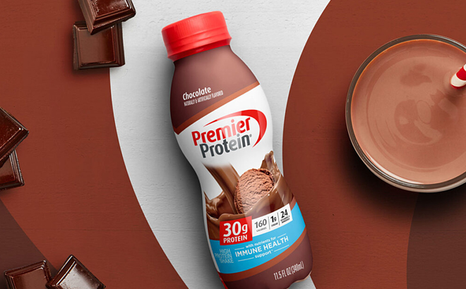 Premier Protein Shake with Chocolate Flavor on Brown Background