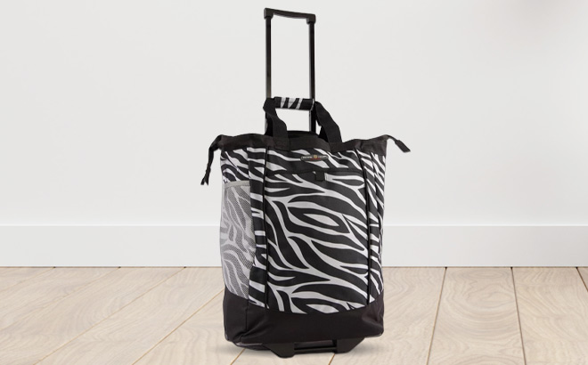 Rolling Shopping Zebra Print Tote on a Floor