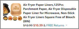 Screenshot of Air Fryer Paper Liners 125 Count Discount at Amazon Checkout