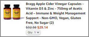 Screenshot of Bragg Apple Cider Vinegar 90 Capsules 2 Pack Discount at Amazon Checkout