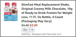 Screenshot of SlimFast Meal Replacement Shake 4 Pack in Creamy Milk Chocolate Flavor Discount at Amazon Checkout