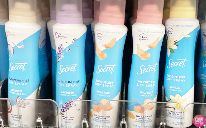 Secret Dry Spray Antiperspirant Deodorant on a Shelf