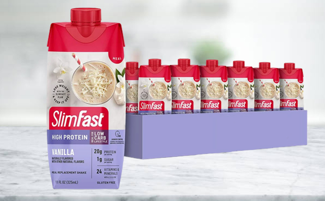 SlimFast Protein Shake Meal Replacement with Vanilla Flavor 12 Count on a Marble Tabletop