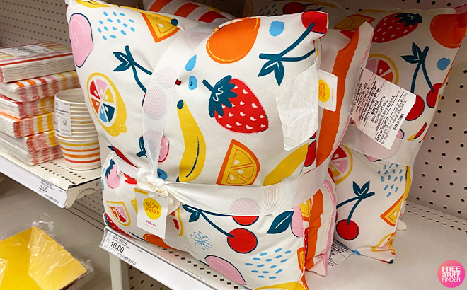 Sun Squad Outdoor Pillow All Over Fruit Print Stripe on Shelf at Target