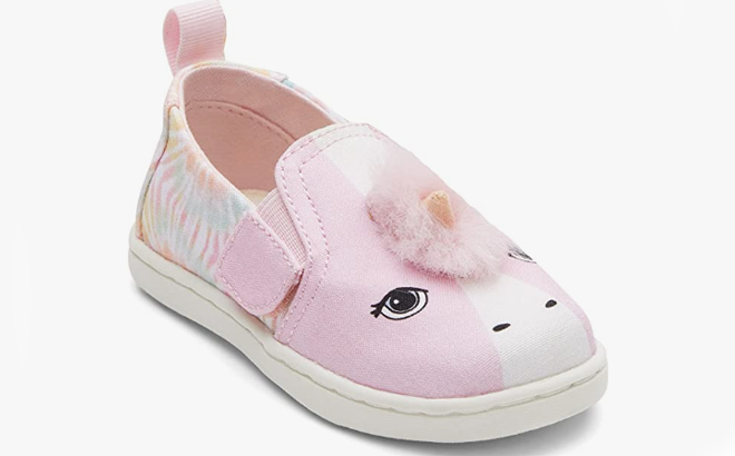 TOMS Toddler Girls Candy Pink Mint Tie Dye Unicorn Head Alpargata Shoes on a Gray Background