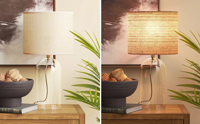 Threshold Glass Table Lamp with Open Base and Natural Shade with Light