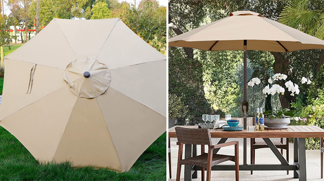 Top of the Blissun 9 Foot Outdoor Patio Umbrella on the Left and the Same Umbrella Placed on an Outdoor Dining Table on the Right