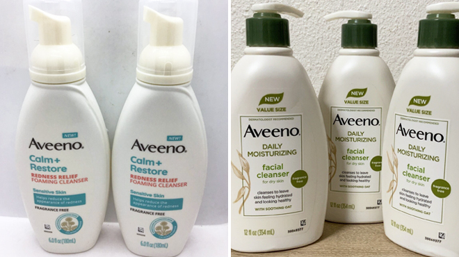 Two Aveeno Calm Restore 6 Ounce Facial Cleanser on the Left and Three Aveeno 12 Ounce Facial Cleanser on the Right