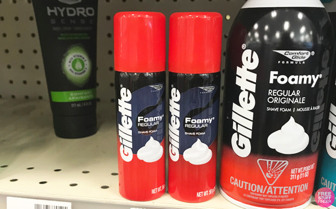 Two Gillette Foamy Mens Shaving Cream on Shelf