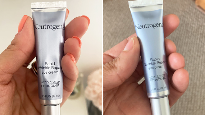 Two Images of Hand Holding Neutrogena Rapid Wrinkle Repair 0 5 Ounce Eye Cream
