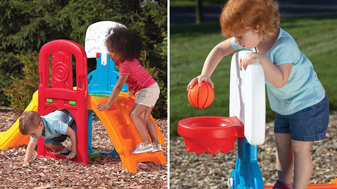 Two Kids Playing Step2 Sports Climber Slide on the Left and a Boy Playing the Same Item on the Right