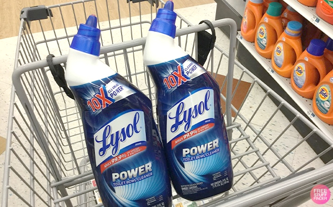 Two Lysol Power Toilet Bowl Cleaner Gels on a Cart