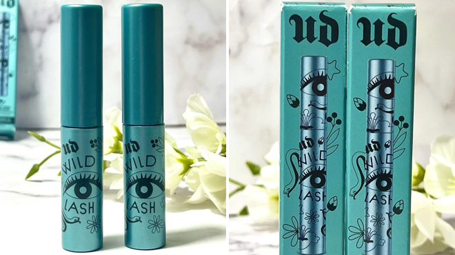 Two Urban Decay Wild Lash Plant Powered Volumizing Mascaras on the Left and Same Item in Box on the Right