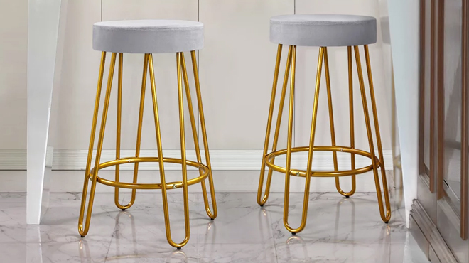Two Velvet Bar Stools in Gray Color in the Kitchen