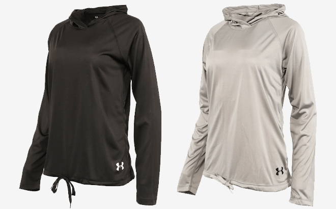 Under Armour Womens Heatgear Velocity Twist Hoodies on a Gray Background