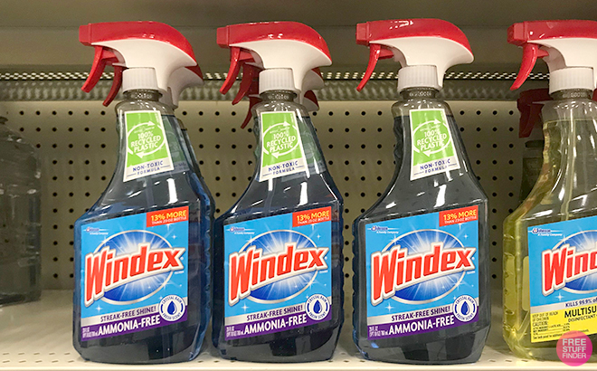 Windex Ammonia Free Glass and Window Cleaner Spray Bottles on a Store Shelf