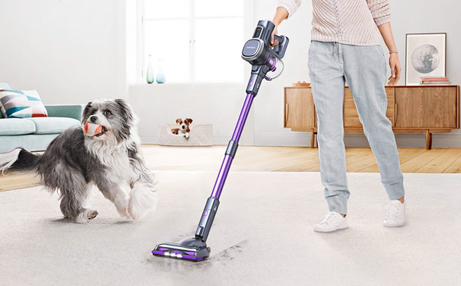 Woman Using Lubluelu Cordless Vacuum Cleaner