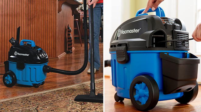 Woman Vacuuming with Vacmaster Wet and Dry Vacuum on the Left and Woman Retrieving the Vacmaster Cord on the Right