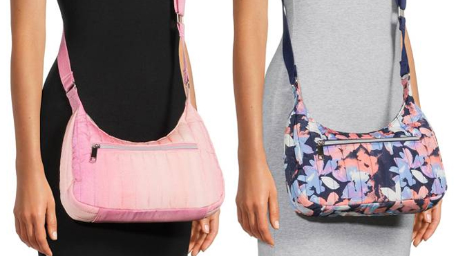 Woman Wearing Time and Tru Womens Crossbody Handbag in Pink Color on the Left and in Blue Color on the Right